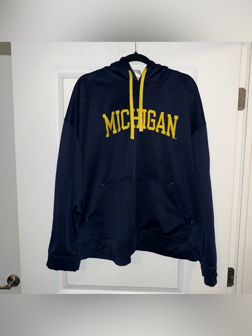 Vintage Michigan Navy Hoodie with Yellow Michigan Script